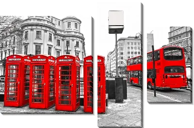 Красные телефонные будки и красный автобус в Лондоне