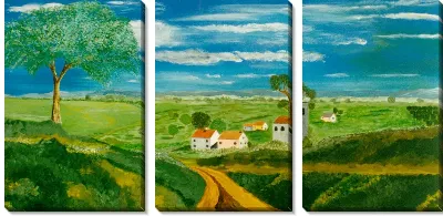 Модульная картина Поле с домами и деревьями