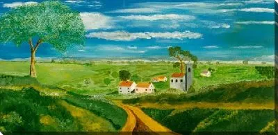 Картина маслом Поле с домами и деревьями