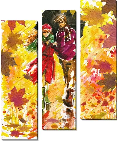 Модульная картина Мужчина и женщина под зонтом в осеннюю пору