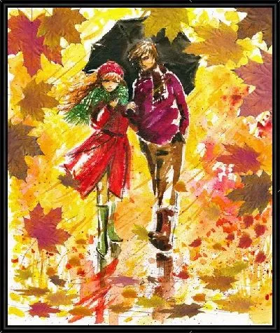 Картина Мужчина и женщина под зонтом в осеннюю пору