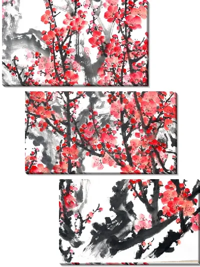 Модульная картина Цветущая слива на белом фоне