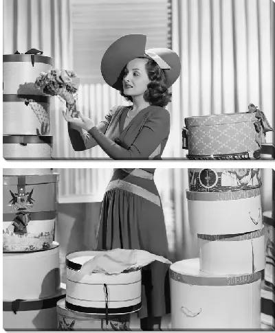 Модульная картина Девушка в шляпе среди коробок