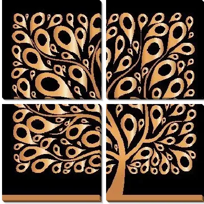 Модульная картина Золотое дерево на черном фоне