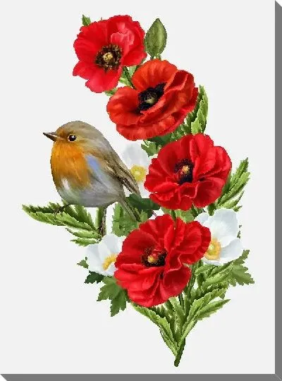 Картина маслом Красные цветы и птица