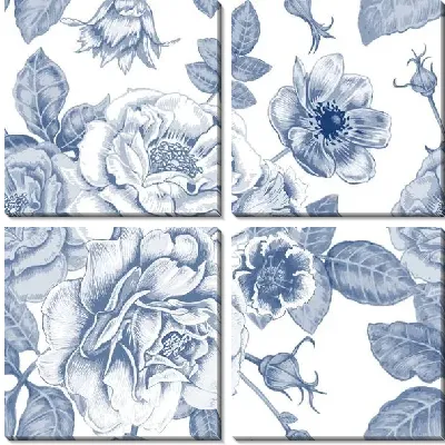 Модульная картина Цветочный орнамент с розами, пионами, анемонами и колокольчиками