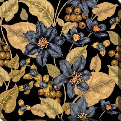 Синие цветы и золотые ягоды на черном фоне