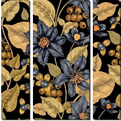 Синие цветы и золотые ягоды на черном фоне