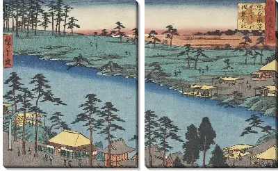 Картина Пруд (A Temple Beside a Pond at Junisho Quarter, in Tsunohazu District of Yotsuya Area)