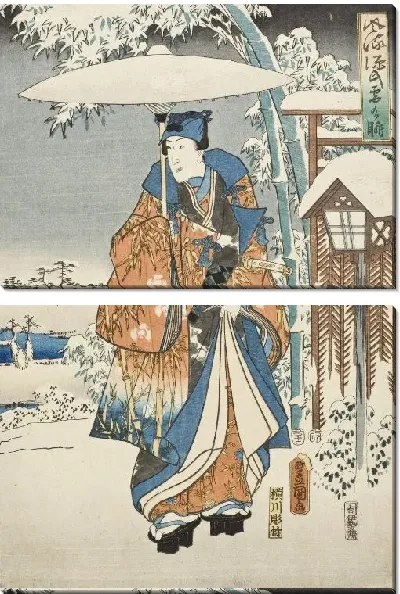 Картина Элегантный Гэндзи в снегу (1853) (An Elegant Genji in Snow)