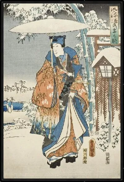 Картина Элегантный Гэндзи в снегу (1853) (An Elegant Genji in Snow)