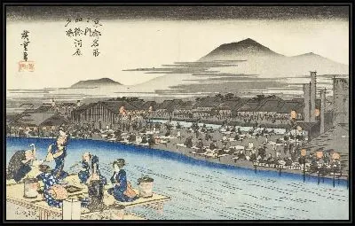 Картина Прохладный вечер (1830) (Evening Cool at Shijokawara)