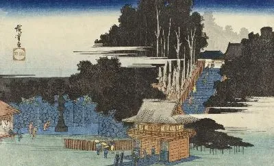 Картина Паломники (1833-1843) (Pilgrims at the Fudō Shrine, Meguro)