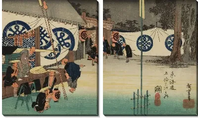 Картина Раннее отделение от даймё Инн (1833) (Early Department from a Daimyo's Inn, Seki, from the series the Fifty-three Stations of the Tokaido (Hoeido edition))