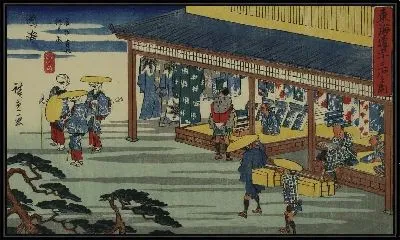 Картина Магазины (1840) (The Dye Craft Shops of Arimatsu, Narumi, from the series The Fifty-three Stations of the Tokaido (Gyosho edition))
