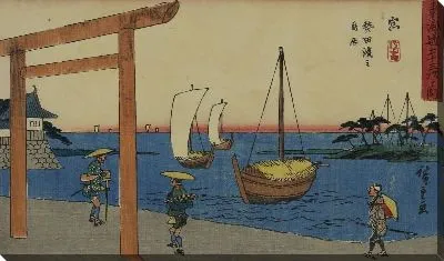 Картина На пляже (1840) (Gateway Entrance to the Atsuta Shrine on the Beach, Miya, from the series The Fifty-three Stations of the Tokaido (Gyosho edition))