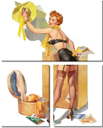 Модульная картина Девушка в чулках и с жёлтой шляпой в руках