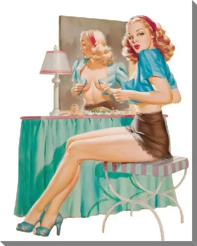 Картина маслом Девушка застёгивающая синюю рубашку у зеркала