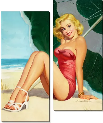 Модульная картина Девушка в красном купальнике под зонтом