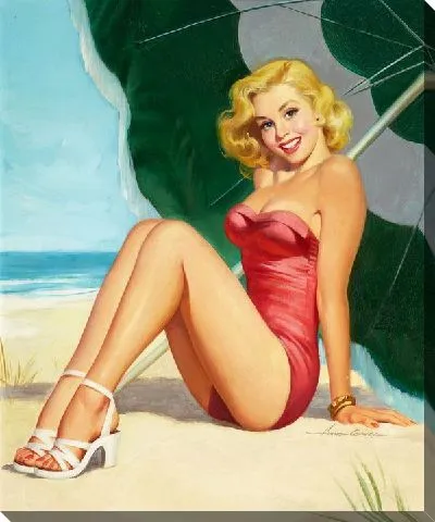 Девушка в красном купальнике под зонтом