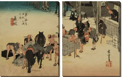Картина Станция питания (1833) (Horse and Porter Suppy Station, Fujieda, from the series the Fifty-three Stations of the Tokaido (Hoeido edition))