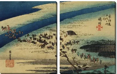 Картина Берег реки Ои (1833) (The Suruga Bank of the Oi River, Shimada, from the series the Fifty-three Stations of the Tokaido (Hoeido edition))