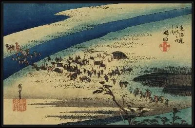 Картина Берег реки Ои (1833) (The Suruga Bank of the Oi River, Shimada, from the series the Fifty-three Stations of the Tokaido (Hoeido edition))