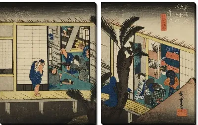 Картина Обслуживание гостиницы (1833) (Serving Women of the Inn, Akasaka, from the series the Fifty-three Stations of the Tokaido (Hoeido edition))