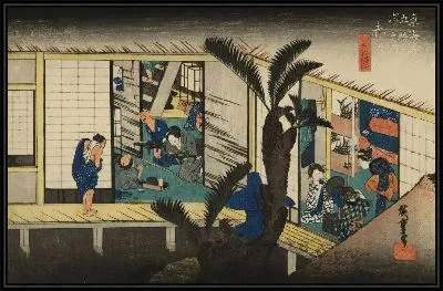 Картина Обслуживание гостиницы (1833) (Serving Women of the Inn, Akasaka, from the series the Fifty-three Stations of the Tokaido (Hoeido edition))