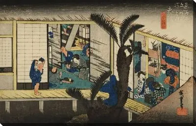 Картина Обслуживание гостиницы (1833) (Serving Women of the Inn, Akasaka, from the series the Fifty-three Stations of the Tokaido (Hoeido edition))