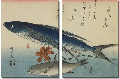 Летающая рыба и белый горбыль (1840-1842) (Flying fish (tobiuo) and white croaker (ishimochi), from the second series of fish prints)