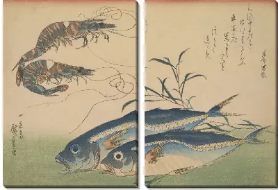 Картина Ставрида с креветкой (1832-1833) (Horse Mackerel (Aji) with Shrimp or Prawn, with inscription)