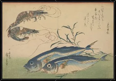 Картина Ставрида с креветкой (1832-1833) (Horse Mackerel (Aji) with Shrimp or Prawn, with inscription)