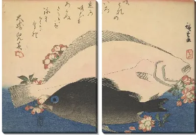 Картина Оливковый палтус и черный окунь с цветущей сакурой (1832-1833) (Olive Halibut (Hirame) and Black Rockfish (Mebaru) with Cherry Blossoms, with inscription)