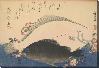 Картина Оливковый палтус и черный окунь с цветущей сакурой (1832-1833) (Olive Halibut (Hirame) and Black Rockfish (Mebaru) with Cherry Blossoms, with inscription)