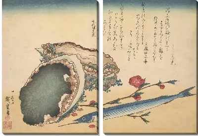 Картина Ракушки и рыба (1832) (Awabi and Sayori (Abalone Haliotic tuberculata), from the Great Fish Series)