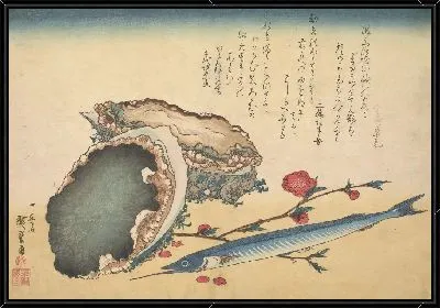 Картина Ракушки и рыба (1832) (Awabi and Sayori (Abalone Haliotic tuberculata), from the Great Fish Series)