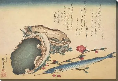 Картина Ракушки и рыба (1832) (Awabi and Sayori (Abalone Haliotic tuberculata), from the Great Fish Series)