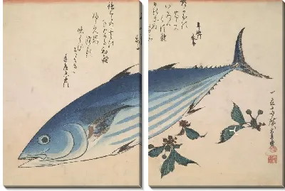 Картина Полосатый тунец и цветение клубники (1832-1833) (Skipjack Tuna (Katsuo) with blooms of Strawberry geranium, with inscription)