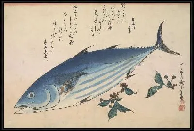 Полосатый тунец и цветение клубники (1832-1833) (Skipjack Tuna (Katsuo) with blooms of Strawberry geranium, with inscription)