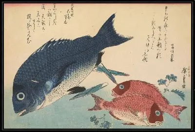 Картина Черный лещ и красный лещ (1832-1834) (Woodblock print from the Large Fish Series: Kurodai: Black seabream (Acanthopagrus schlegeli) and Akadai: Red seabream or golden tai)