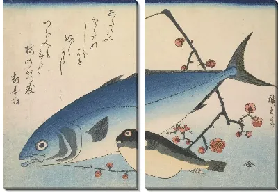 Картина Инада и фугу со сливой (1832-1833) (Yellowtail (Inada) and Blowfish (Fugu) with Plum Blossoms, with inscription)