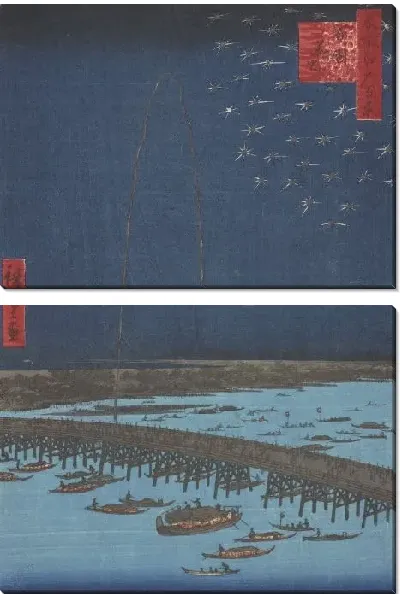 Картина Фейерверк у моста Рёгоку (1857) (Fireworks at Ryogoku Bridge (Ryo goku hanabi) from the series One Hundred Famous Views of Edo (Meisho Edo Hyakkei))