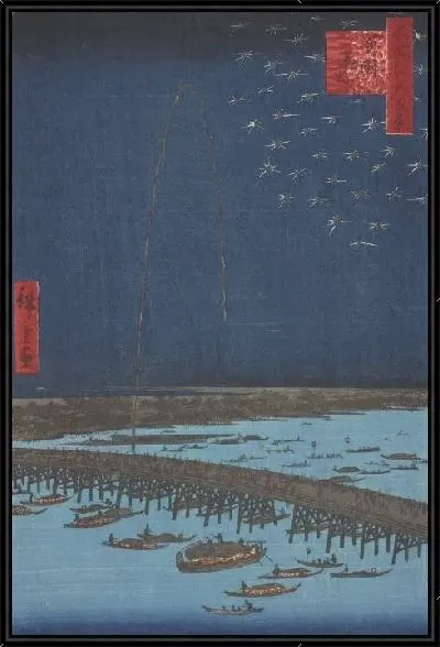 Картина Фейерверк у моста Рёгоку (1857) (Fireworks at Ryogoku Bridge (Ryo goku hanabi) from the series One Hundred Famous Views of Edo (Meisho Edo Hyakkei))