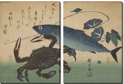 Картина Краб и скумбрия с ипомеей (1832-1833) (Crab (Kani or Kegani) with Mackerel (Saba) and Morning Glory , with inscription)