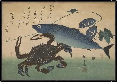 Картина Краб и скумбрия с ипомеей (1832-1833) (Crab (Kani or Kegani) with Mackerel (Saba) and Morning Glory , with inscription)