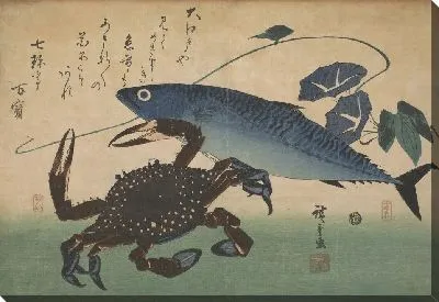 Картина Краб и скумбрия с ипомеей (1832-1833) (Crab (Kani or Kegani) with Mackerel (Saba) and Morning Glory , with inscription)