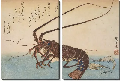 Картина Креветки (1832-1833) (Woodblock print from the Large Fish Series: Ise-ebi: Crawfish or Spiny Lobster and Ebi: shrimp)