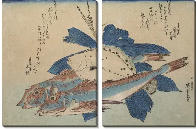 Картина Хобо и камбала с полосатым бамбуком (1832-1833) (Gurnard (Hobo) and Righteye Flounder (Karei) with Striped Bamboo, with inscription)