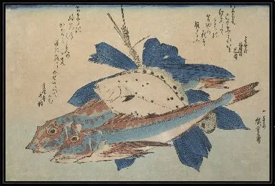 Хобо и камбала с полосатым бамбуком (1832-1833) (Gurnard (Hobo) and Righteye Flounder (Karei) with Striped Bamboo, with inscription)